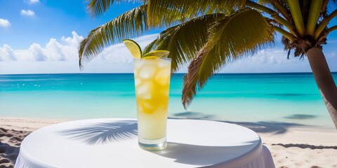 Obraz premium A yellow cocktail in a glass on a white table against the background of a sea beach on a bright sunny day under palm trees. Generative AI.