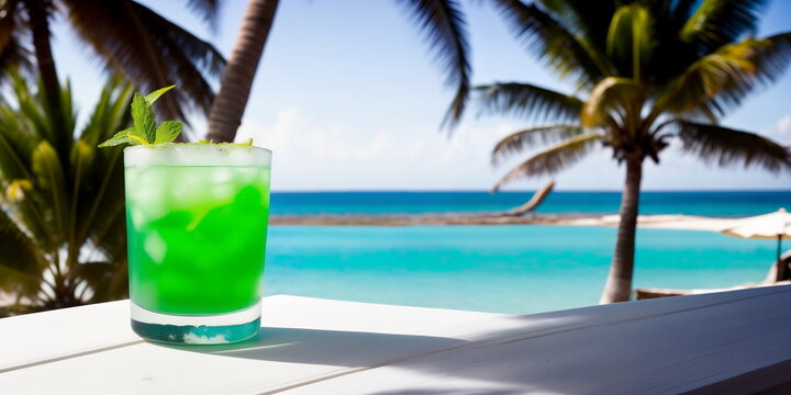 A green cocktail in a glass on a white table against the background of a sea beach on a bright sunny day under palm trees. Copy space for advertising text. Generative AI.