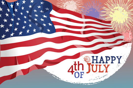 Happy fourth of july, independence day banner card. American flag waving against firework sky	