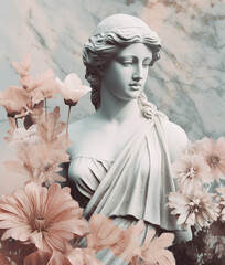 Collage with antique female sculpture and flowers. AI generated image. - 601518006