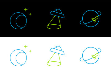 Set line Planet, Moon and stars and UFO flying spaceship icon. Vector