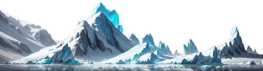 Ice snow cliffs, mountains, isolated on transparent background, png file, horizontal composition, large size, illustration. 