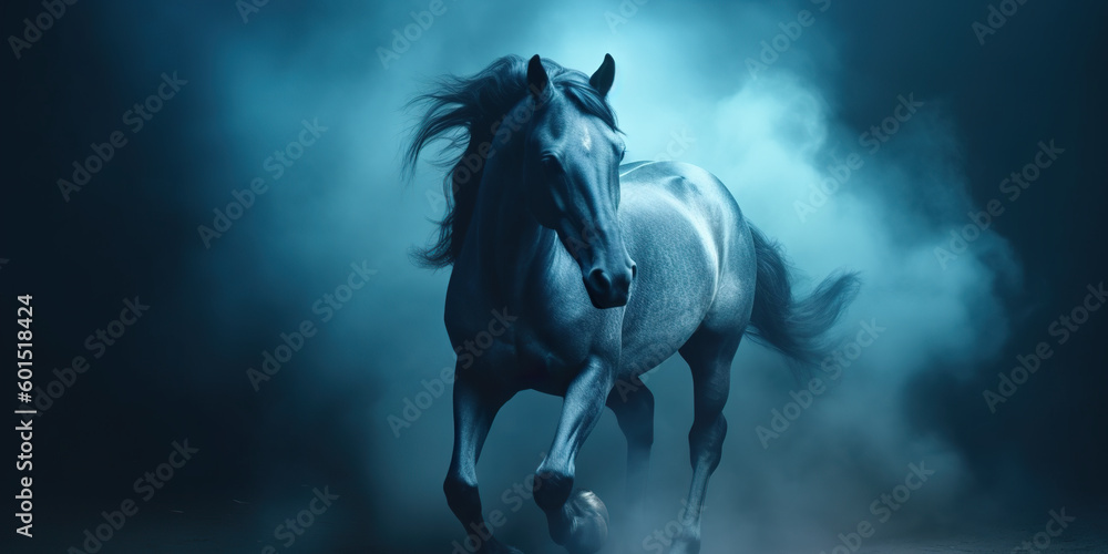 Poster a horse running through a foggy field. generative ai.