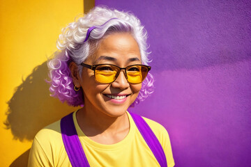 Portrait of an old asian woman with blonde and pink hair and sunglasses on abstract colorful painted wall background, summer vibrancy. Generative AI.