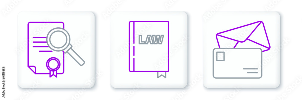 Poster set line envelope, document with search and law book icon. vector