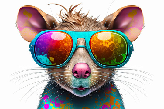 Cartoon colorful rat with sunglasses on white background. Created with generative AI