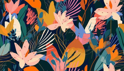 Modern colorful tropical floral pattern. Cute botanical abstract contemporary seamless pattern. Hand drawn unique print