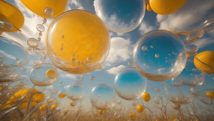 Abstract bubbles at sunrise. Generative AI
