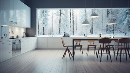 Large spacious kitchen with large windows facing winter forest, Scandinavian style, white color, generative AI stylish modern kitchen interior