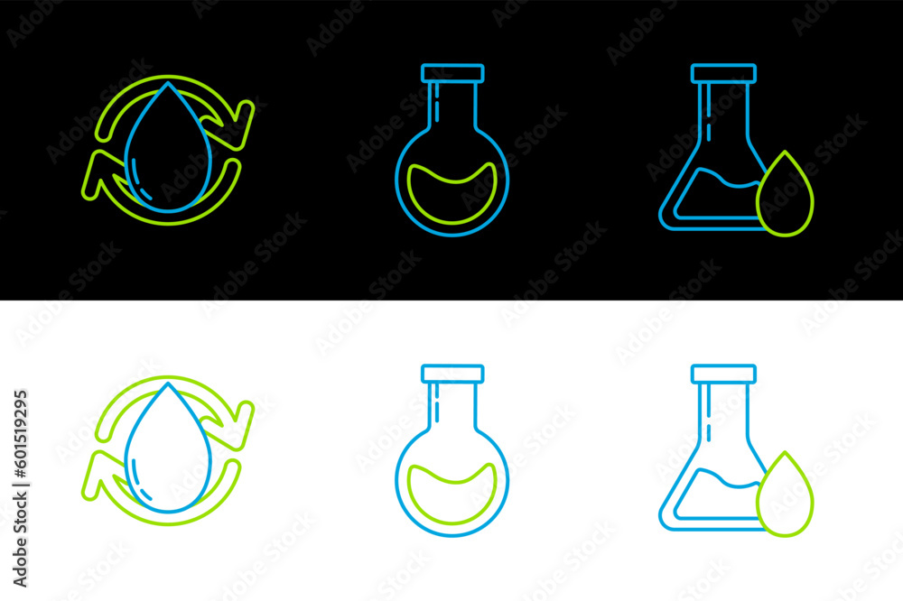 Sticker set line oil petrol test tube, drop and test and flask icon. vector