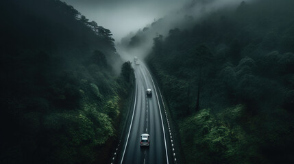 A gray sports car driving on a wet road on a rainy autumn day through a foggy forest with a cloudy sky. Generative AI
