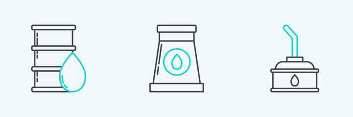 Set line Canister for motor machine oil, Barrel and Oil and gas industrial factory building icon. Vector