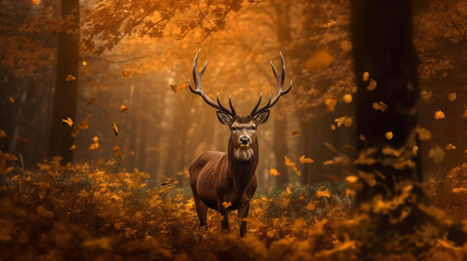 Autumn forest background with deer. Illustration AI Generative