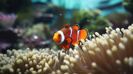 Naklejka na ściany i meble Clownfish in the occean under water in a reef, Generative AI