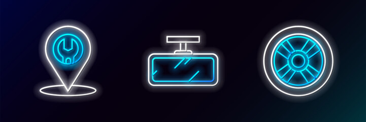 Set line Car wheel, service and mirror icon. Glowing neon. Vector