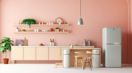 Modern kitchen in pastel colors. Illustration AI Generative.
