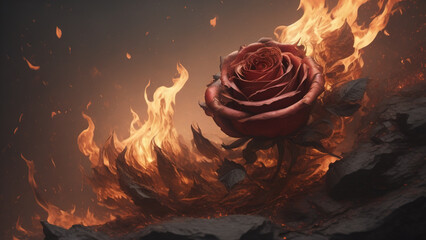 Rose flowers burning in fire. Generative AI