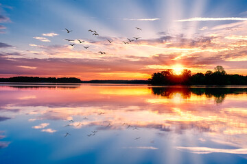 Fototapeta na wymiar Beautiful sunrise over Woods Reservoir Lake birds flying and reflection near Tullahoma Tennessee.