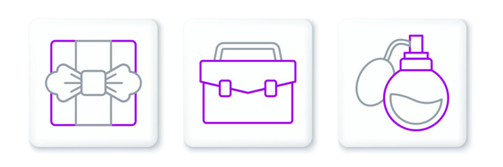 Set line Perfume, Gift box and Briefcase icon. Vector