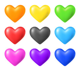 3D hearts collection isolated on white background. Red, orange, yellow, green, blue, purple, pink and black colors. Set of isolated vector design elements for icon, button, greeting card, invitation.