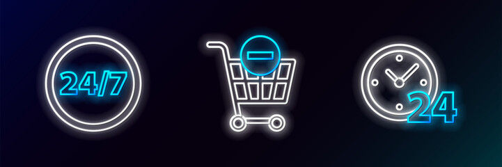 Set line Clock 24 hours, and Remove shopping cart icon. Glowing neon. Vector