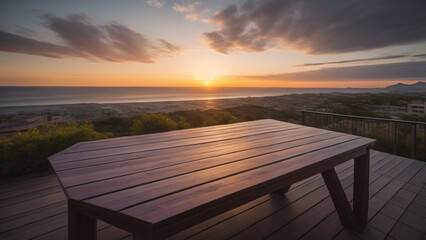 Fototapeta na wymiar Wooden table at Sunset Nature background. Generative AI