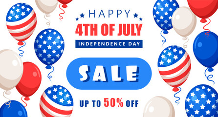 Fototapeta premium Independence Day of the United States of America sale banner with striped and starry balloons in colors of american national flag on white background. Vector design template for the 4th of July