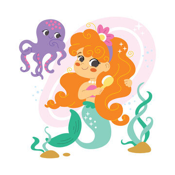 Cute Cartoon Mermaid brushes her hair vector illustration