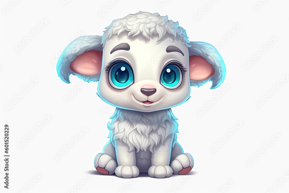 Poster serene white sheep with mesmerizing blue eyes relaxing in a peaceful setting generative ai