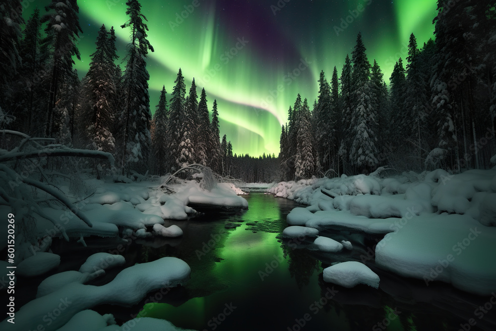 Poster a stream running through a forest filled with snow. generative ai.