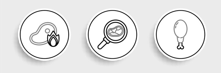 Set line Chicken leg, Grilled steak meat and fire flame and Steak in frying pan icon. Vector
