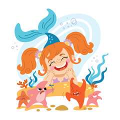 Cute Cartoon Mermaid and starfish vector illustration