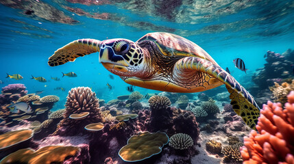 Fototapeta na wymiar Turtle underwater. Illustration AI Generative.