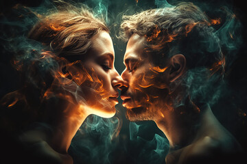 couple in love are kissing. Stylish man and woman with multi exposure. Generative AI