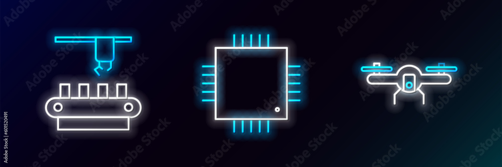 Poster set line drone flying, factory conveyor system belt and processor with microcircuits cpu icon. glowi
