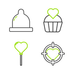 Set line Heart in the center of darts target aim, Balloons form heart, Wedding cake with and Condom icon. Vector