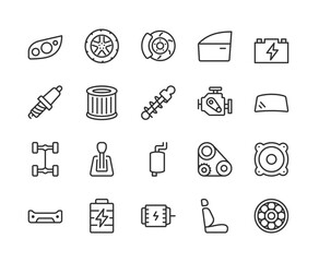 Car parts, icon set. Repair and maintenance. Auto Service. Components and accessories for different models of cars. service stations linear icons. Line with editable stroke. Line with editable stroke