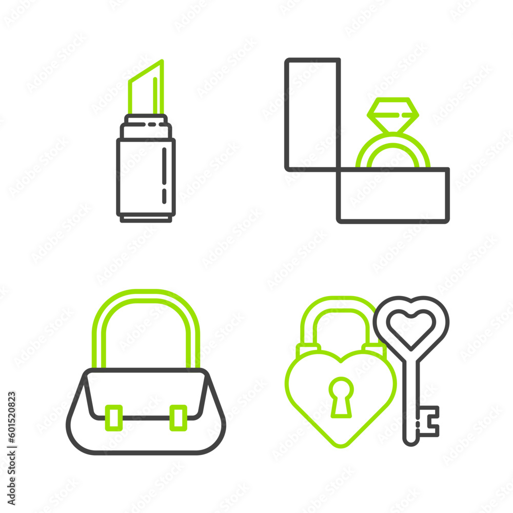 Sticker Set line Castle and key in heart shape, Handbag, Diamond engagement ring and Lipstick icon. Vector