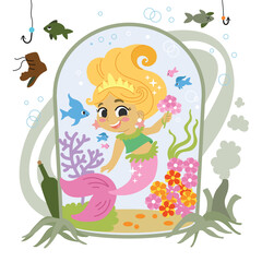 Cute Cartoon Mermaid in dirty water vector illustration