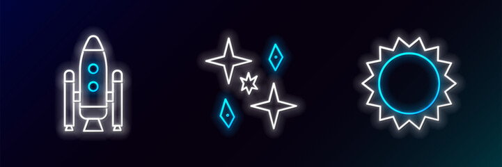 Set line Sun, Space shuttle and rockets and Planet icon. Glowing neon. Vector