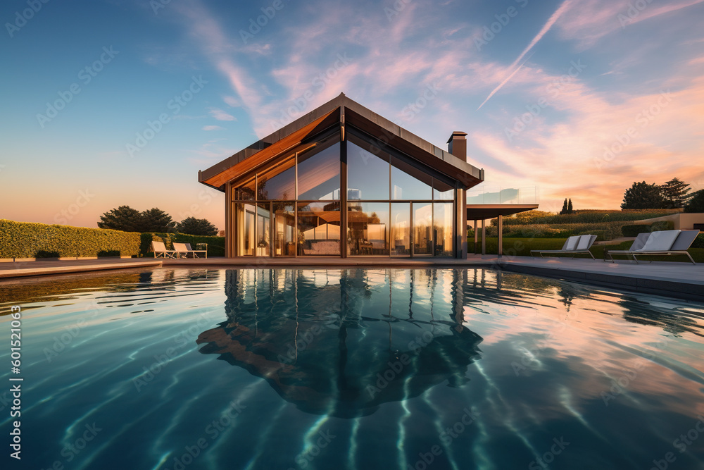 Poster a house with a pool in front of it. generative ai.