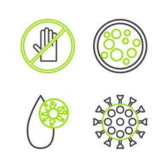 Set line Virus, Blood test and virus, and No handshake icon. Vector