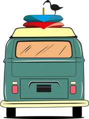 Illustration of Vintage van back side view with surf tables on top © massimosunnyboy