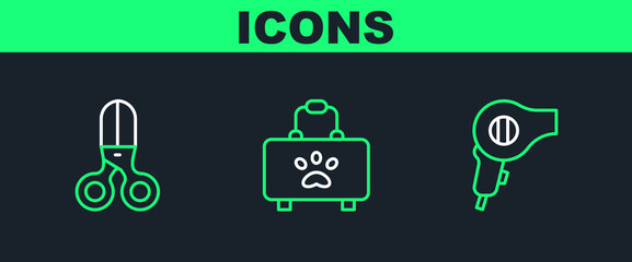 Set line Hair dryer, Scissors hairdresser and Pet first aid kit icon. Vector