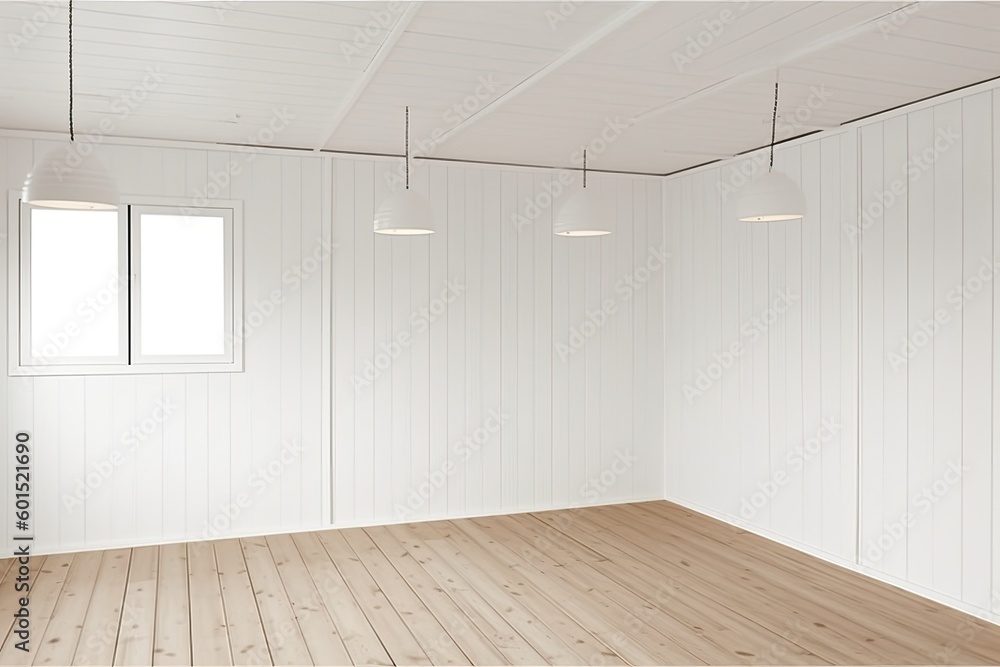 Poster an empty room with minimalist design and natural materials generative ai