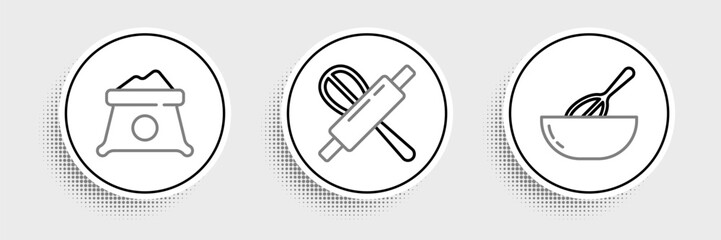 Fototapeta premium Set line Kitchen whisk and bowl, Bag of flour and rolling pin icon. Vector
