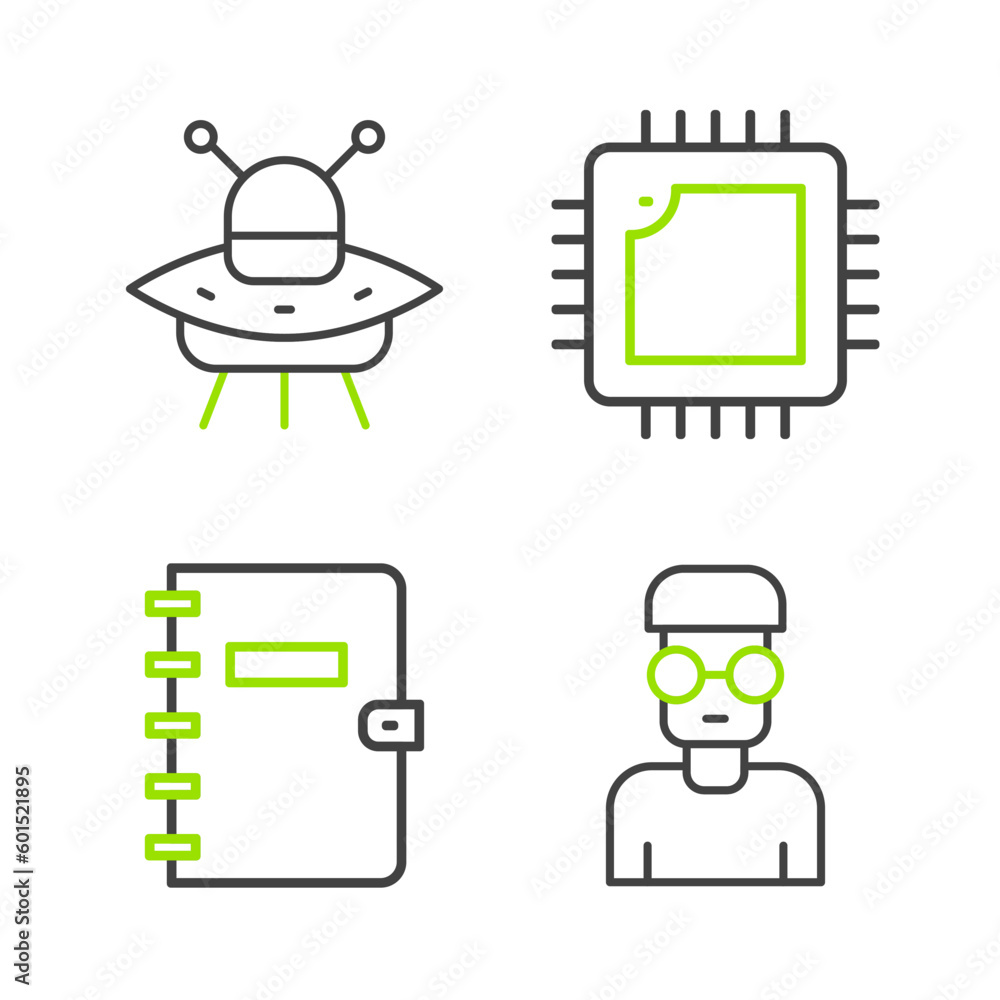 Poster set line nerd geek, spiral notebook, processor with cpu and ufo flying spaceship icon. vector