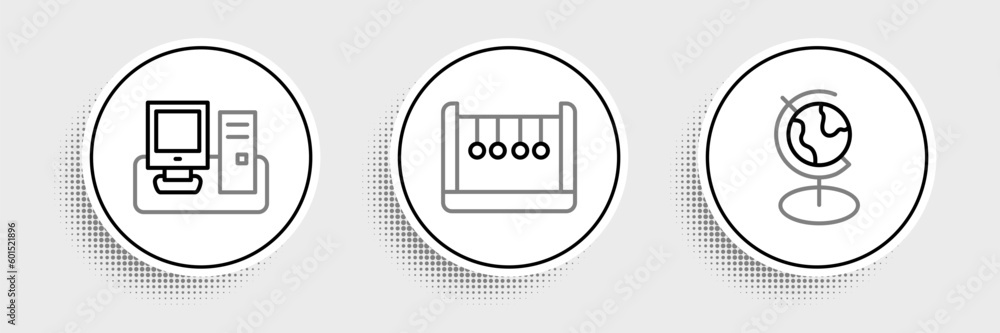 Poster set line earth globe, monitor with keyboard and pendulum icon. vector