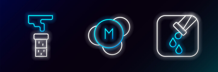 Set line Test tube and flask, and Molecule icon. Glowing neon. Vector