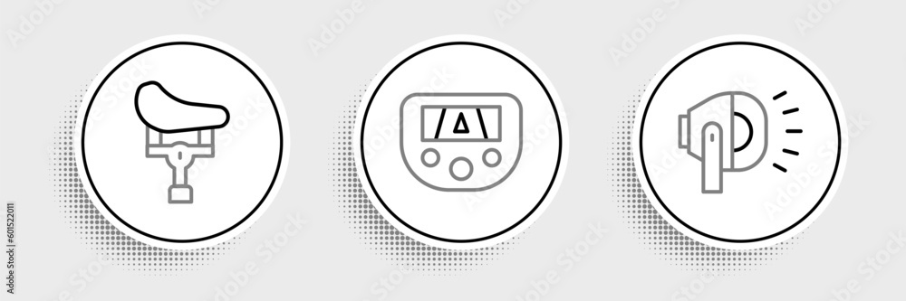 Poster set line bicycle head lamp, seat and gps device with map icon. vector